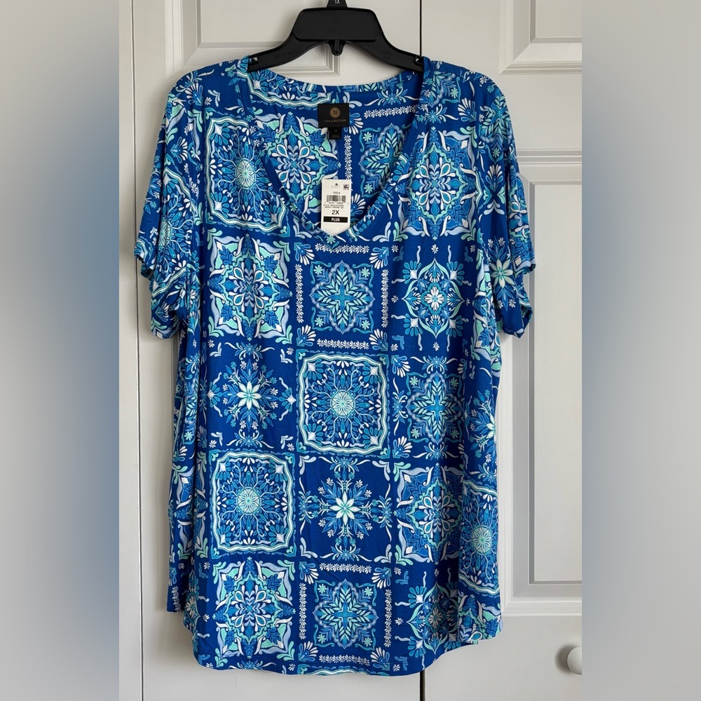 Blue Patterned Short Sleeve Top - Picture 2 of 5